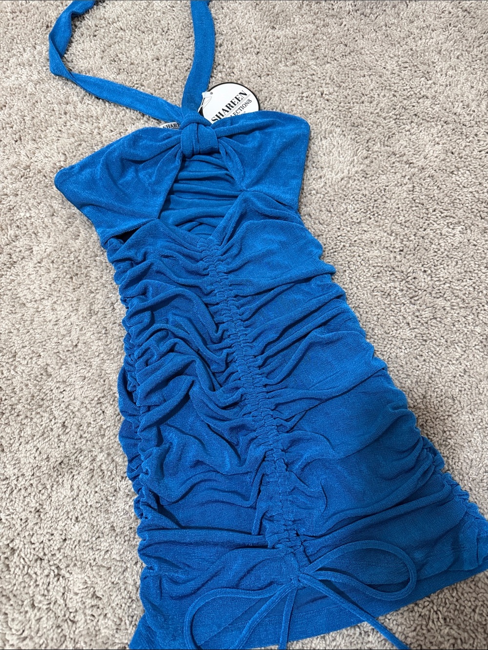 Shimmery Royal Blue Ruched Halter Mini Dress